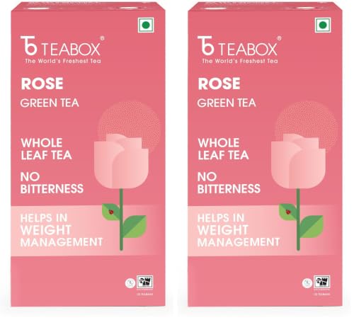 Image of Teabox Rose Green Tea Bags 25 Pieces | Refreshing & Aromatic | Made with Whole Leaf & Natural Rose Petals (Pack of 2)