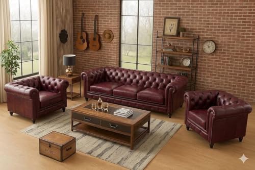 Image of Classic Leatherette Chester Sofa Set Button Tufted, Classic Style Sofa Set 3-Person Sofa for Living Room, Office, and Hallway Colour (Burgundy Leatherette, 3+1+1= 5 Seater Sofa)