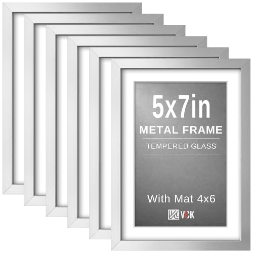 Image of VCK 5x7 Picture Frame Silver Metal, Real Glass, 4x6 Mat, Set of 6, for Arts