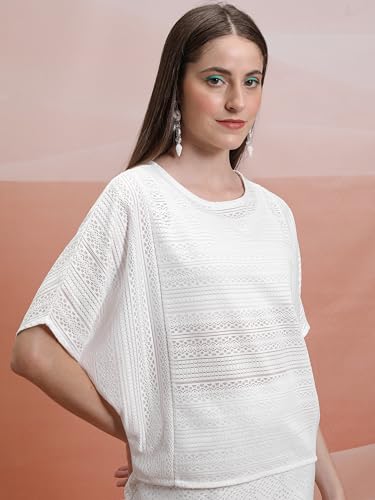 Image of Tokyo Talkies Women's Crochet Top | Extended Sleeves | Solid & Elegant Fashion | Tops for Woman | Women Tops | Stylish Top