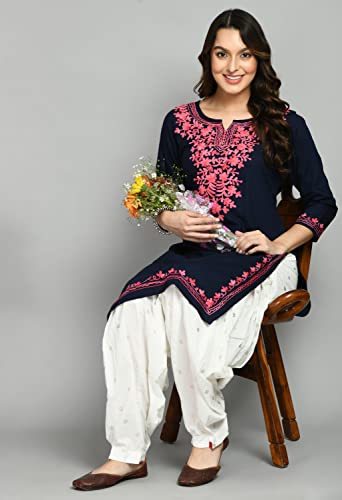 Image of QAZMI Women's Floral Aari Embroidered Viscose Rayon 3 /4 Sleeves Straight Kurta