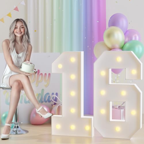 JoyMuse 3ft Marquee Numbers 16, Large Light Up Numbers 16, 16th Birthday Decorations for Girls and Boys, Yellow Light