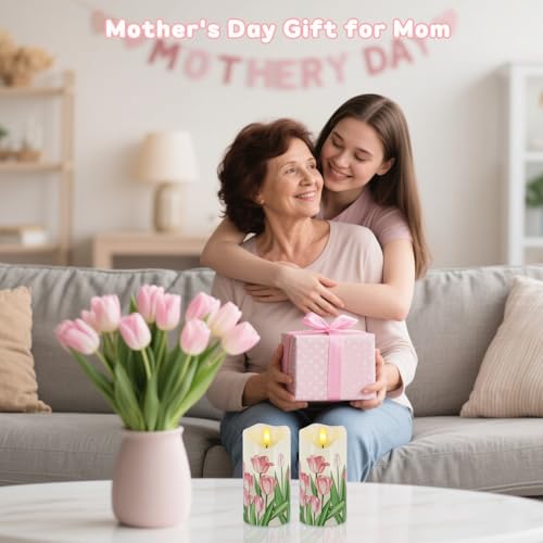 Image of Tulip Flameless Candles Set of 2, 6 inchx3 inch Spring Candles with Remote & Timer | Flickering Real Wax Pillar Candles Battery Operated, Dimmable Electric LED Candles Light for Mother's Day Spring Easter Decor
