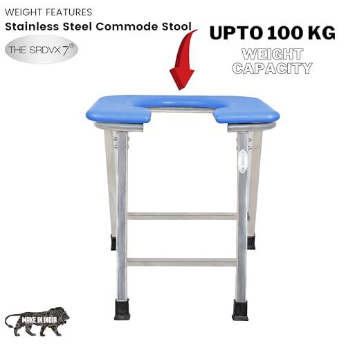 Image of Stainless Steel Premium Folding Shower Bathing Room Mobile Commode Stool Indian Toilet Seat for Elderly Disabled Men and Pregant Women Support Safe Chair Anti-Slip (Blue)