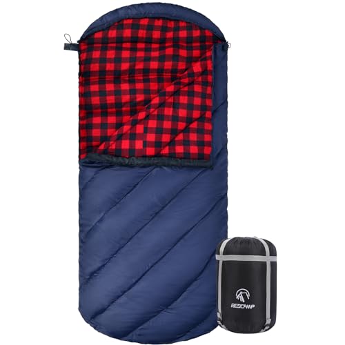 REDCAMP Extra Large Thick Flannel Sleeping Bag for Adults Winter, Big and Tall Cotton Sleeping Bags for Camping with Detachable Hood, Red Plaid with Filling (87"x39")