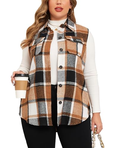 ZOMVA Plus Size 1X-5X Women's Flannel Plaid Long Vest Button Down Sleeveless Jacket Shacket Coat Casual Fall Fashion Outfits, Brown, 3X