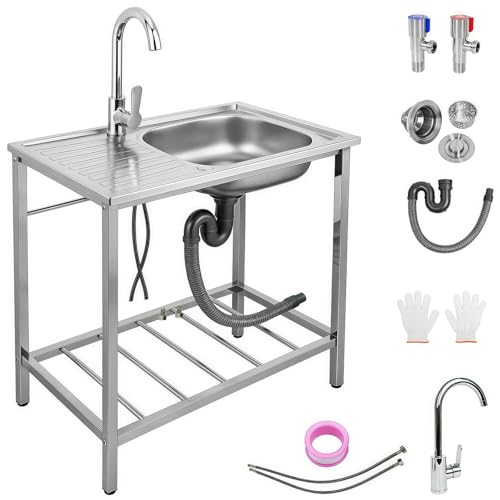 Outdoor Utility Sink, Free Standing Stainless Steel Laundry Tub, Single Bowl Portable Washing Hand Basin Station for Garage, Restaurant, Kitchen, Camping, Backyard