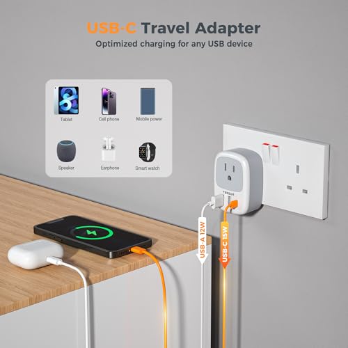 Image of UK Adapters for Travel, TESSAN US to UK Plug Adapter, Ireland Outlet Plug with 3 USB Charger (1 USB C Port), Type G Power Adaptor for USA to England Qatar Hong Kong Scotland Dubai London Kenya Irish