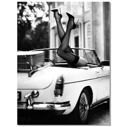 Trendy Luxury Wall Art-Retro Fashion Woman Doing Handstand On Car Poster For Girls Room Wall Decor-Vintage Feminist Black And White Art Canvas Print Picture For Girly Dorm
