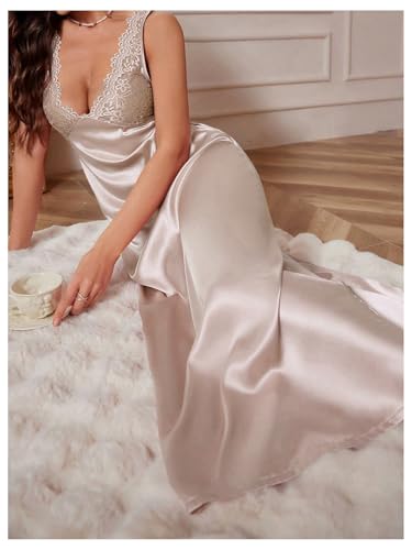Image of WDIRARA Women's Satin Sleepwear Nightgown | Lace, Backless, Deep V Neck, Sleeveless, Long