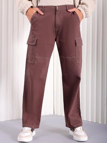 Image of The Indian Garage Co Men Relaxed Fit Solid Mid-Rise Stretchable Cargos