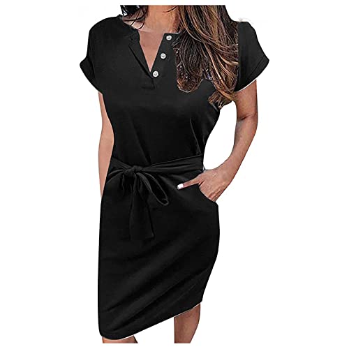 FAVIPT Button Down Tshirt Dress Summer Dresses for Women 2022 Casual Short Sleeve Tie Waist Mini Dresses Leopard Print Midi Sundresses