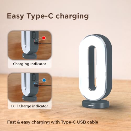 Image of PHILIPS Rover 10W Rechargeable LED Emergency Light | 800 Lumens | 2500mAh Battery | Type-C Fast Charging | 2 Brightness Modes | Up to 1.5H Backup | Ergonomic Handle, Portable | Grey, Pack of 1