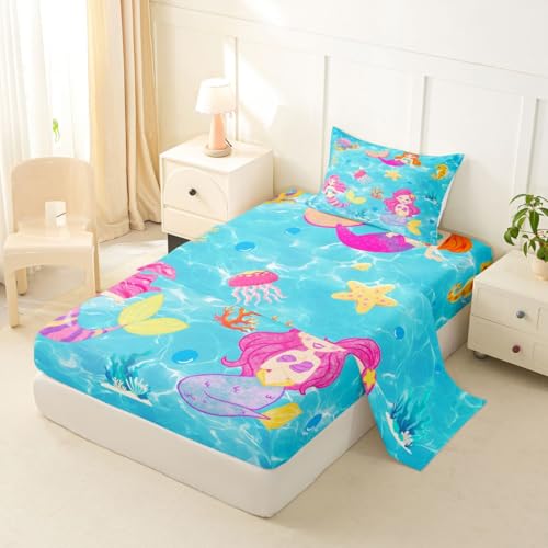 Image of jejeloiu Mermaid Bed Sheets Sets Twin Size Kids Boys Girls Tropical Ocean Bedding Set Blue Pink Bed Sheet Set with 16-Inch Deep Pockets Mermaid Tail 3Pcs with 1 Pillow Cases