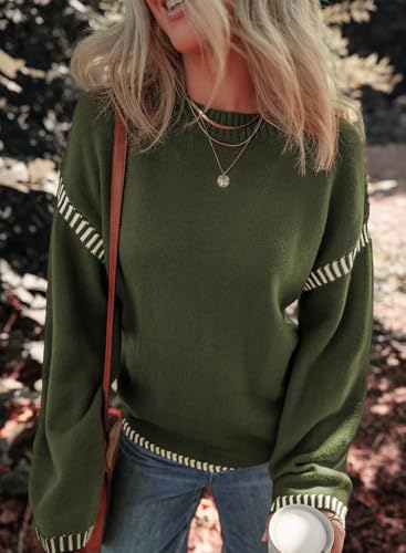 Image of Dokotoo Sweaters for Women Fashion Solid Crewneck Loose Fit Long Sleeve Contrast Cable Knit Pullover Sweater Jumper Tops