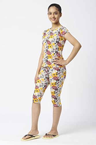 Image of SINI MINI Round Neck with Half Sleeve Top & Capri Beige Girls Casual Pack of 1 Night Suit Set