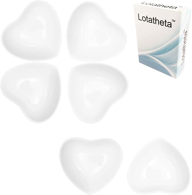 Lotatheta 6 pcs Heart Shaped Porcelain Soy Sauce Dish Ceramic Dip Dipping Bowls White for Dinner Baking BBQ and Cooking