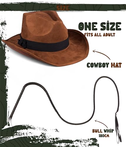 Indiana Jones Style Brown Explorer Hat and Bull Whip Fancy Dress Accessories
