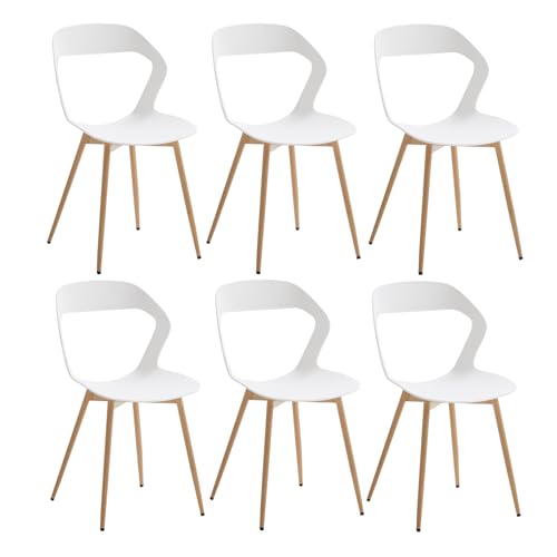 JZGORC Set di 6 Sedie da Pranzo Nordiche, Sedie da Cucina, con Gambe in Metallo Sedia e Grande Design Dello Schienale Cavo, Adatto Per Soggiorno e Sala da Pranzo - Bianco + Legno