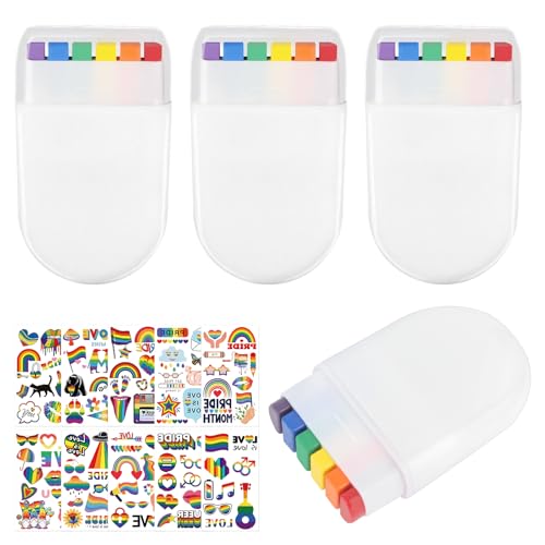 Prmape 4 Stück Regenbogen Schminkstifte, Pride Schminken 6 Farben mit 10 Wasserfeste Tattoo Sticker, Gesichtsfarbenstift Pride, Regenbogen Make Up Stift für Festival, Paraden, Monat Stolzes