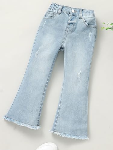 Floerns Toddler Girl's Flare Leg Elastic Waist Ripped Raw Hem Button Baggy Jeans Solid Casual Denim Pants3