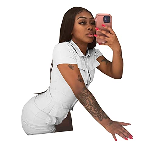 Halfword Womens Sexy Bodycon Romper Zip Up Solid Color Short Pants One Piece Jumpsuits Clubwear With Multiple Pockets #TOP3