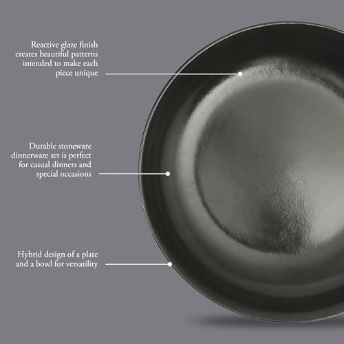 Image of Gibson Elite Beckett 4-Piece 9 Inch Dinner Plate Bowl Set - Reactive Glaze Stoneware - Shallow Serving Pasta Bowls (Blate) - Round Wide-Rim Design - Microwave & Dishwasher Safe - Black