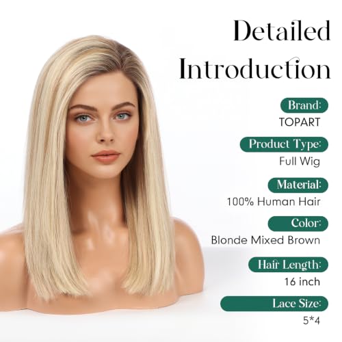 Image of 5x5 Lace Front Wigs for women,Human Hair Blonde Straight Glueless with Free Part & Pre Plucked Natural Hairline 16 Inch（Blonde Mixed Brown）