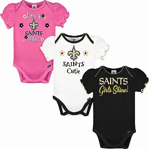 NFL New Orlean Saints 3 Pack Short Sleeve Bodysuit, Black/White/Pink New Orlean Saints, 6-12 Months