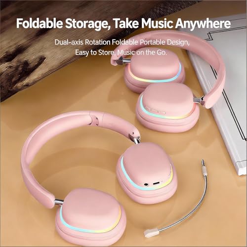 Image of Over-Ear Wireless Bluetooth Headphones with 5.3 Chip, 20H Playtime, 40mm Drivers, Foldable & Lightweight Design, RGB Lighting, Dual Mic for Clear Calls, Compatible with PC /Phone, SY-T3 Pink.