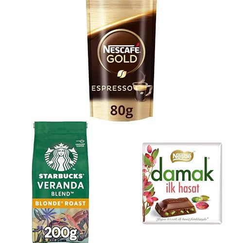 Nescafé Gold Espresso Kahve Ekonomik Paket 80 g x 2, Starbucks Veranda Blend Öğütülmüş Kahve 200 g x 1, Nestlé Damak İlk Hasat Sütlü Antep Fıstıklı Kare Çikolata 60 g x 3