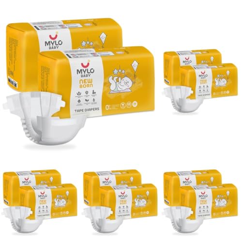 Image of Mylo Baby Tape Diaper Newborn (NB) Size Upto 5 kg Babies (52 Count) Leak Proof | Lightweight | Rash Free | Upto 12 Hours Protection | ADL Technology | with Zinc Oxide Layer (Pack of 5)