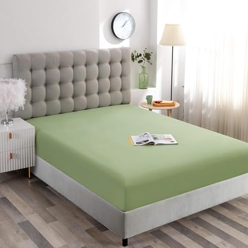 Image of 400 TC Cotton Elastic Fitted Bedsheet with 2 Pillow Covers for Queen Bed 60 x 84 10 Inches Sage(Green) Solid Color Fitted Sheet