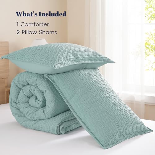 Image of PHF Soft Waffle Comforter Set Queen Size- Comfy Breathable Waffle Weave Comforter with 2 Pillow Shams, 3 Pieces Less Snagging Lightweight Textured Bedding Set for All Season, Aqua