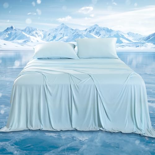 DOWNCOOL Cooling Sheets Full Size, Cooling Bed Sheets for Hot Sleepers and Night Sweats, Q-Max0.4, 15' Deep Pocket with Elastic, 4-Piece Soft & Breathable Summer Full Sheet Set, Blue