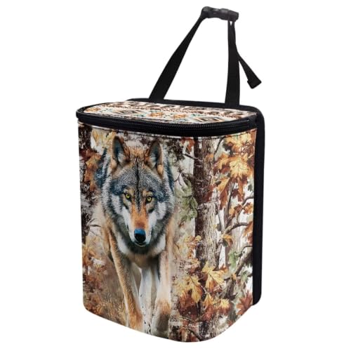 Image of Talayituse Forest Hunting Camo Wolf Print Car Trash Can Portable Auto Garbage Bin Multifunctional Vehicle Interior Accessories with Adjustable Straps Universal Fit Truck SUV Sedan