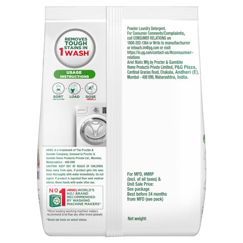 Ariel Matic Detergent Powder Front Load - 2kg | Removes 100 Tough Stains in 1 wash | Specially Designed for Washing Machines | Fresh Fragrance