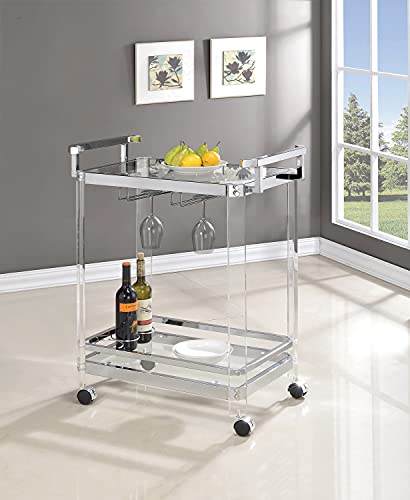 Coaster Home Furnishings Modern Contemporary 2 Shelf Acrylic Serving Bar Cart Trolley Clear Tempered Glass Caster Wheels Wine Bottle Holder Stemware Rack Chrome #TOP5