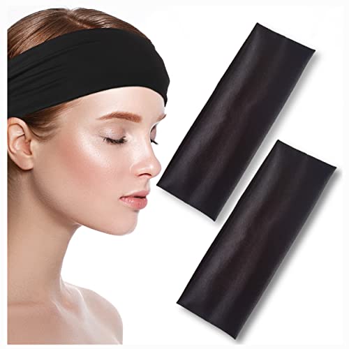 Black Headband (2 Pack) – 7cm Wide Stretchy Hair Bands for Women & Men – Fashion Head Bands for Women's Hair Breathable Sports Headbands for Gym, Yoga, Running & Makeup