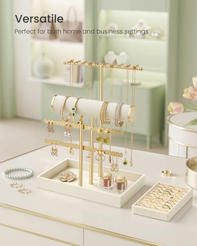 Image of SONGMICS Bracelet Holder Stand, Jewelry Display Stand, Jewelry Organizer with Necklace and Earring Organizers, Velvet Tray, Removable Ring Holder, Cream White and Pale Gold UJJS047W101