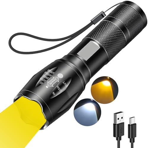 MVIOCS Rechargeable Yellow Light Flashlight with Yellow and White LED Combo, 2000 Lumens Super Bright LED Small Powerful Zoomable Flashlight, Rechargeable Flashlights for Camping, Emergency