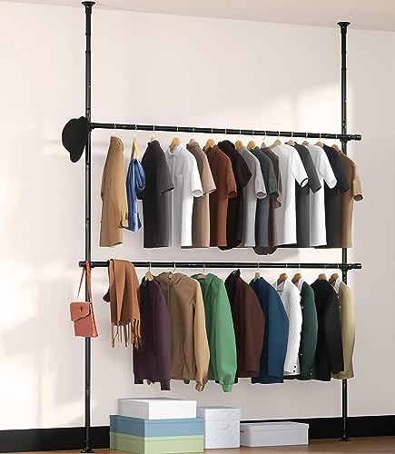 INFLATION Closet Organizer Clothes Rack, Heavy Duty 2-Tier Adjustable Free Standing Laundry Drying Garment Rack, Floor to Ceiling Clothing Hanger Tension Rod Closet System Wardrobe Storage, Black