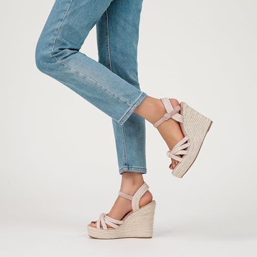 Wedge Sandals for Women with Woven Raffia Upper, High Heel Espadrille Platform Sandals with Braided Knot Ankle Strap Sandals4