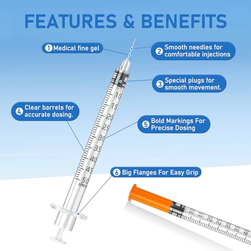 DolpBay Insulin Syringe with Needle, 1cc 29G 5/16\" (8mm) - Pack of 100 Pcs