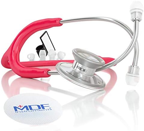 MDF Acoustica Lightweight Stethoscope for Doctors, Nurses, Students, Home Health Use, Adult, Dual Head, Raspberry Tube, Silver Chestpiece-Headset, MDF747XP23