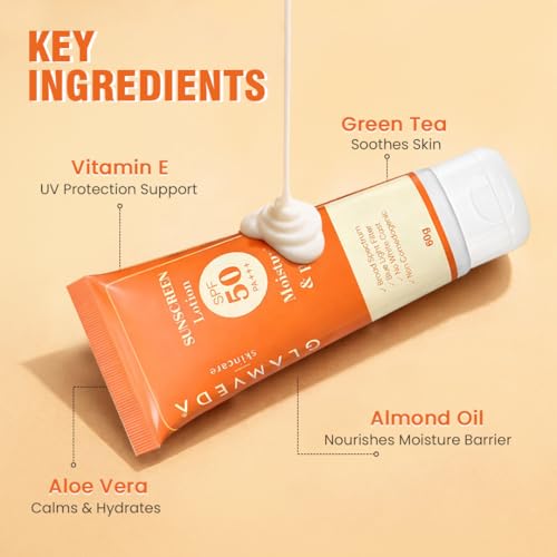Image of Glamveda Hybrid Sunscreen Lotion Spf 50 PA+++ for Moisturize & Protect (Pack Of 3) 180 ml | Transparent & Ultra-lightweight Sunscreen | Non-Greasy, Quick-Absorbing | Zero White Cast | For Women & Men