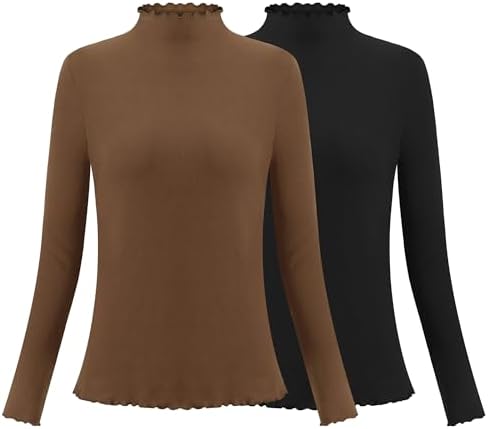 Herou 2 Pack Women Lettuce Trim Ribbed Knit Long Sleeve Top Mock Neck Basic Layer Tops Turtleneck Thermal Underwear Tops