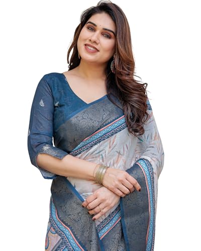 Image of ALMAARI FASHION Floral Printed Cotton Saree for Women with Handloom Zari Weave, Traditional Lightweight Ethnic Saree for Wedding Festive Office Party with Blouse Piece (LINEN 81-90 SH)