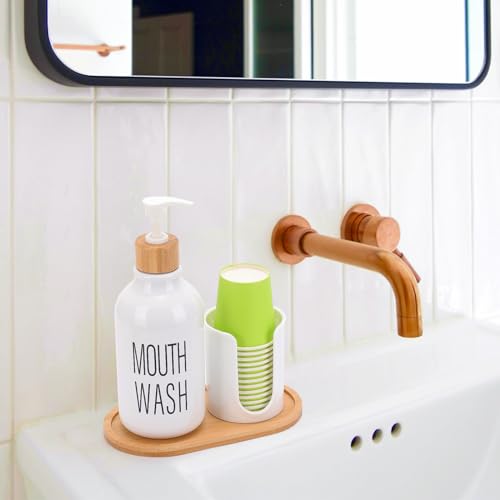 Image of Mouthwash Dispenser with Cup Holder, Plastic White Mouth Wash Pump Bottle with Tray for Bathroom Organizers, 17oz Refillable Clear Mouthwash Container
