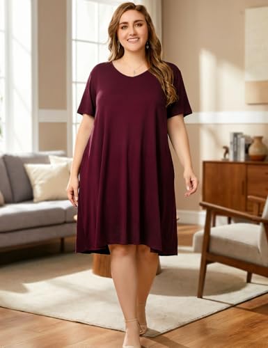 Image of OVERWORETY Womens Short Sleeve Plus Size T-Shirt Dress V Neck Casual Loose Swing A-Line Summer Tunic Dresses with Pockets
